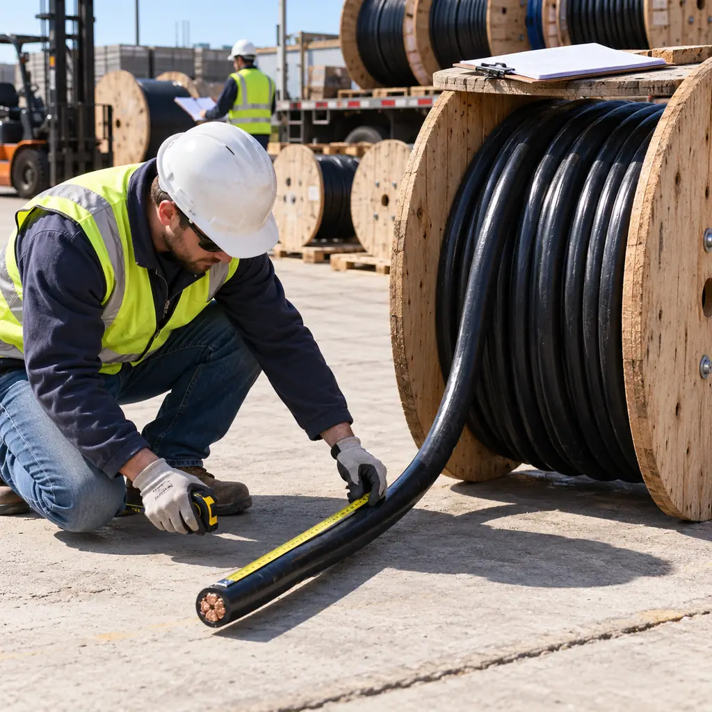 A delivery yard with cable drums being checked against a packing list, a tape measure laid along the end of an unwound cable and a clipboard on a drum, no readable text, no labels