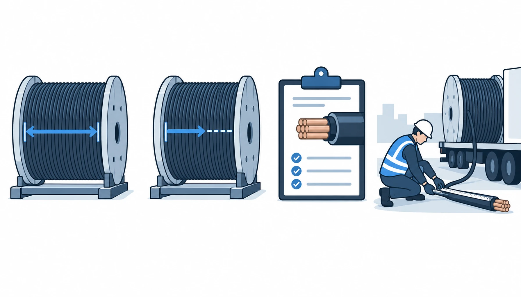 Flat infographic of cable delivery length terms: nominal length, guaranteed minimum, measured certificate and arrival measurement