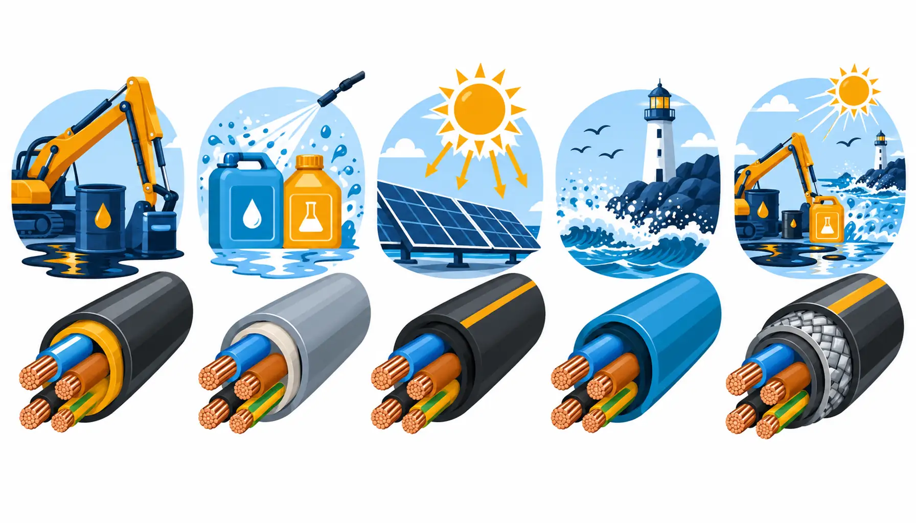 Flat infographic of cable exposure types: a plant scene divided into oil, chemical washdown, sunlight, coastal salt and combined exposure zones, with a cable route crossing each zone