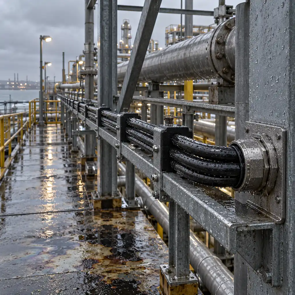 A cable run on an outdoor industrial pipe rack in wet weather with oil staining on the deck below, cable cleats and a gland visible, grey sky and rain on the steelwork, no readable text, no labels