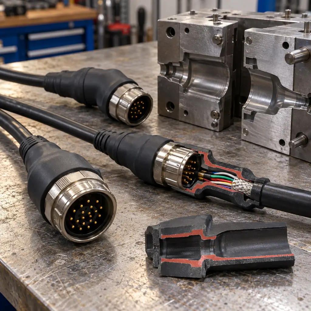 Several overmolded cable assemblies on a workbench with molded boots at the cable entries, one cut open to reveal the molding bonded to the jacket and connector shell, a molding tool and a sectioned sample beside them, workshop lighting, no readable text, no labels