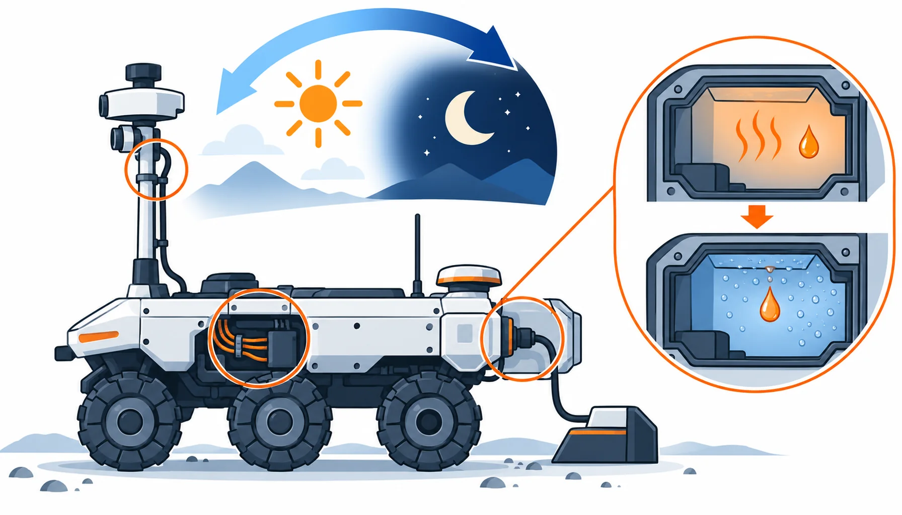 Flat infographic of continuous outdoor duty on a patrol robot: three high amplitude cable locations circled at the mast, the drive bay and the charger tail, a day and night cycle arrow, and a condensation droplet forming inside a warm then cold housing
