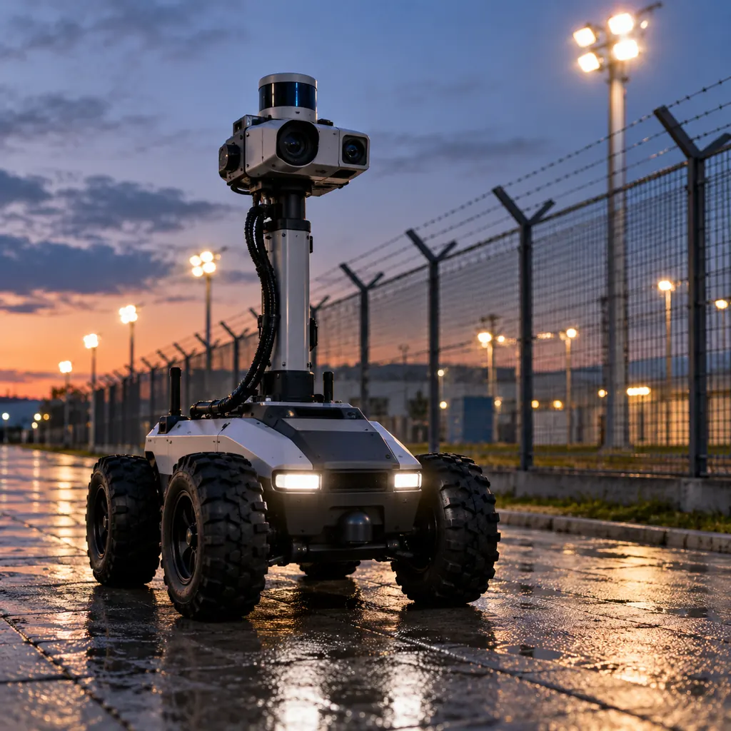 Photorealistic scene: an outdoor security patrol robot moving along a paved perimeter path at dusk, its cable harness visible along the chassis toward a sensor mast, floodlights and a fence line in the background, wet paving reflecting light, no readable text, no labels