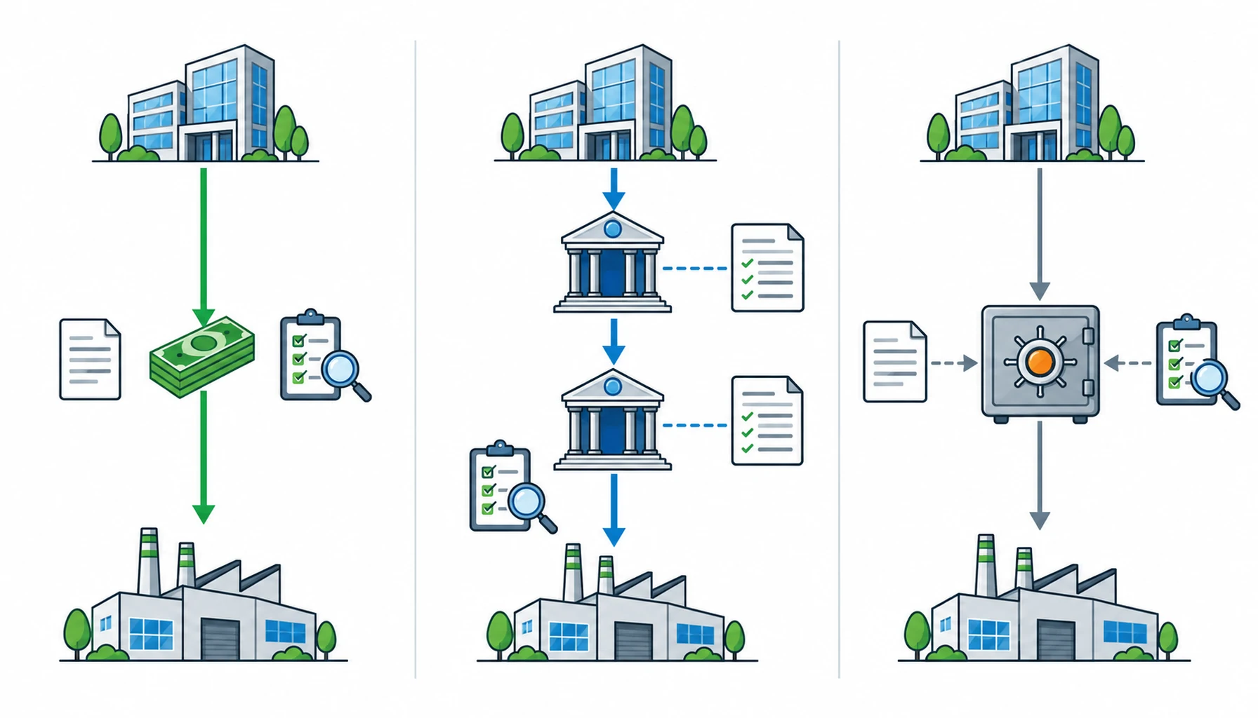 Flat infographic of three payment flows between buyer bank and factory with document icons at each step