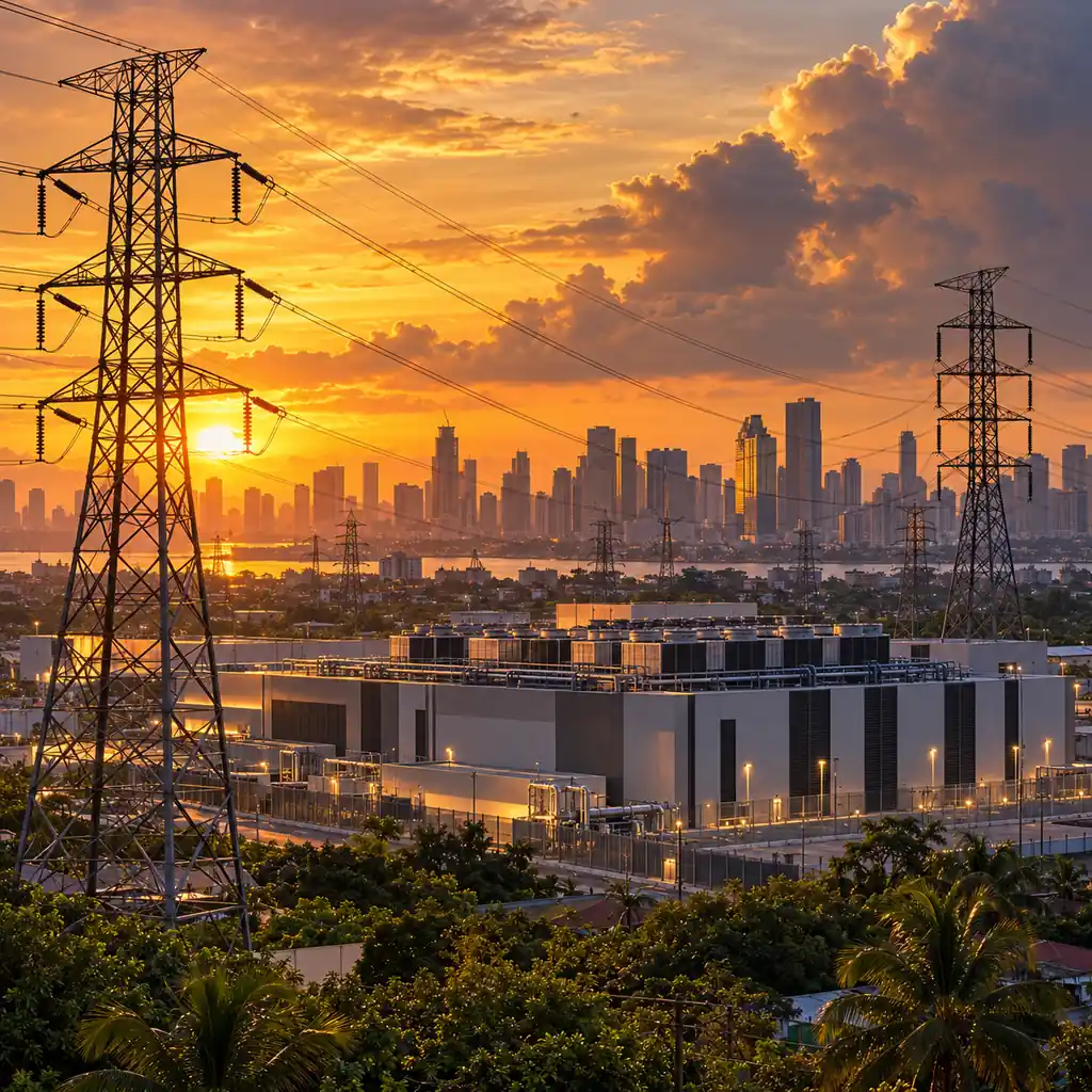 Manila skyline with transmission towers and a modern data center building