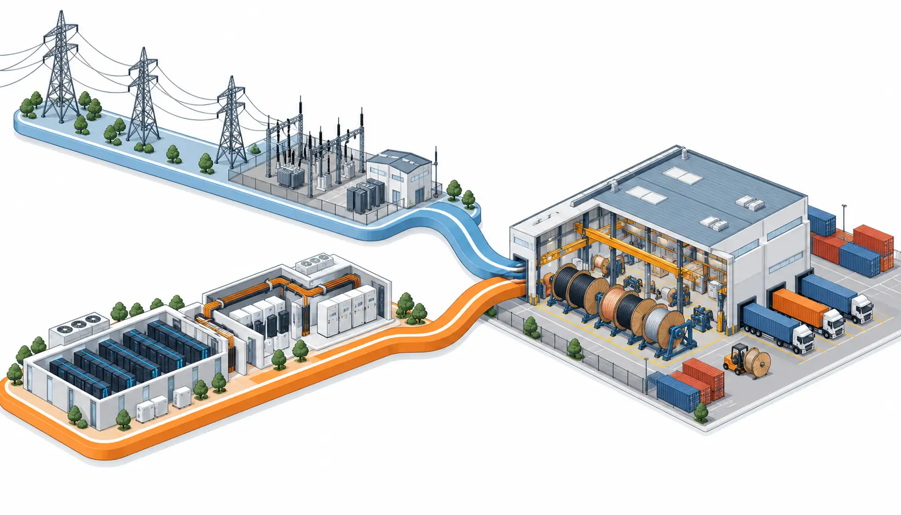 Isometric illustration of twin cable demand tracks from a grid backbone and a data hall meeting at one factory
