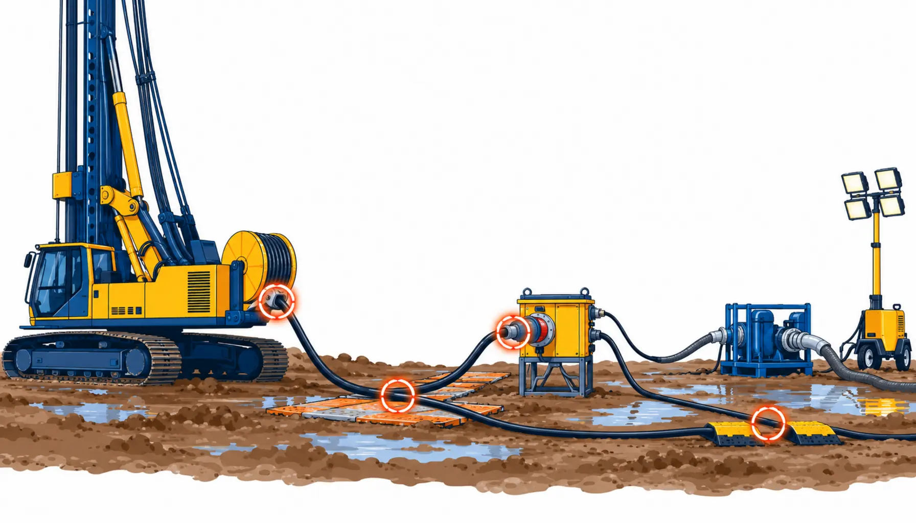 Flat infographic of a piling rig cable duty map: the machine drum at the rear, the main supply reeved to a site feed across muddy ground, a trailing line to pumps and lights, and a screened control circuit on the rig, with the drum entry radius marked