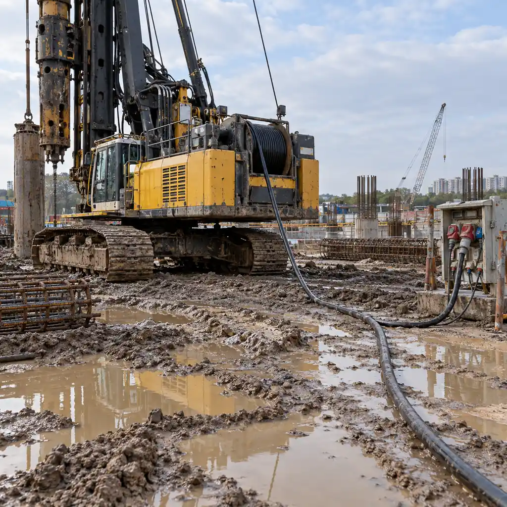 A piling rig on a muddy site with its heavy supply cable reeved to a drum and running across wet ground to a distribution point, ruts and standing water around the tracks, daylight, no readable text, no labels
