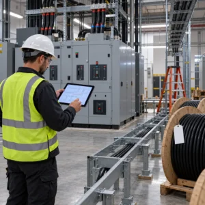 A data center electrical engineer reviewing a cable replacement schedule on a tablet in front of a switchboard with dual feeds, new cable drums and a partially installed tray run nearby