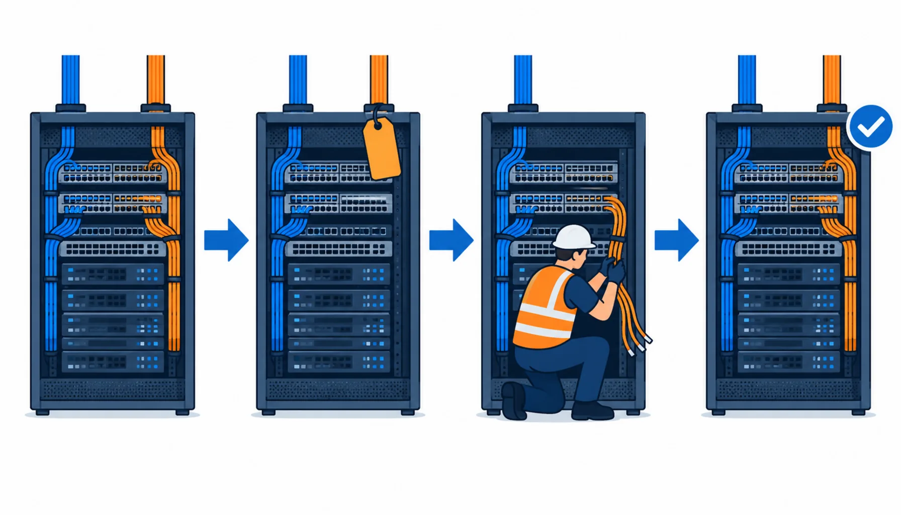 Flat infographic comparing five planned cable replacement sequences for a data center: like for like in a window, rolling row by row, new parallel route then transfer, bypass and replace live, and replacement combined with other shutdown work