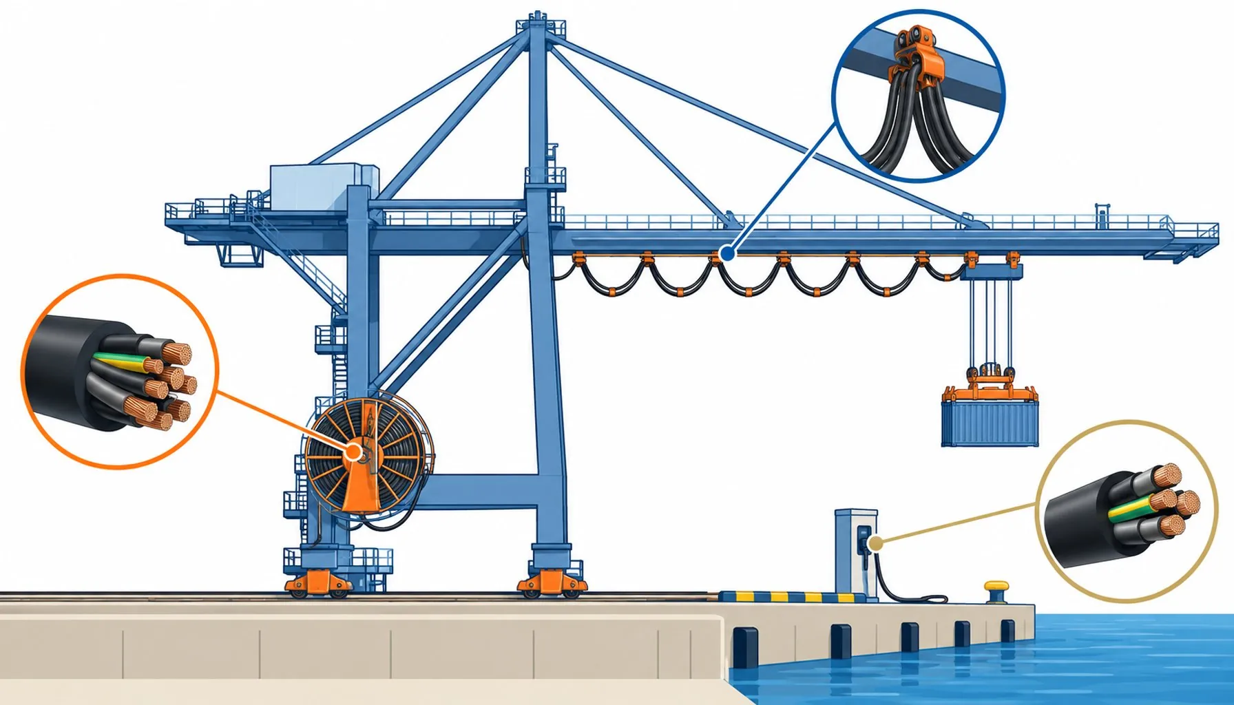 Flat infographic of a quay-side crane with motorised reel, festoon and charging systems highlighted with cable curves