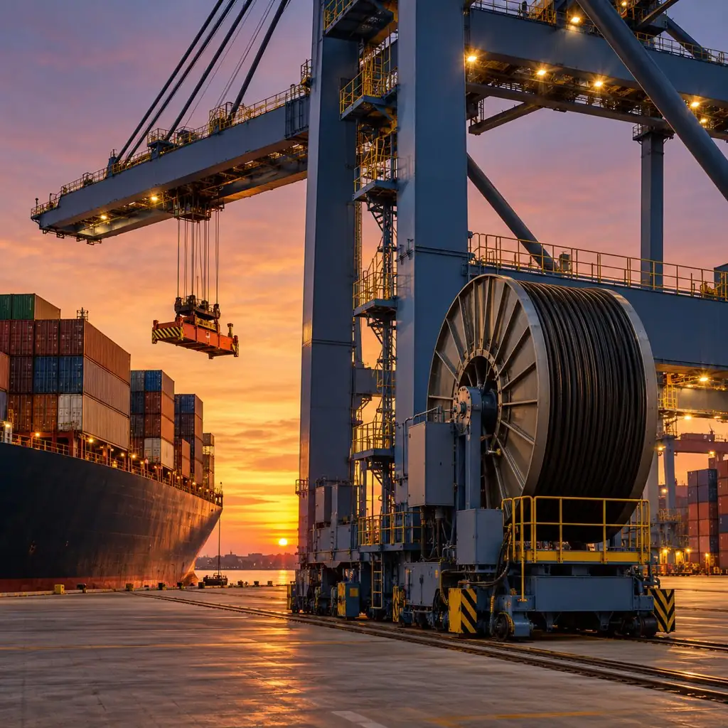 An automated container terminal at dusk with a ship-to-shore crane and a motorised cable reel drum at its base, power cable wound on the drum