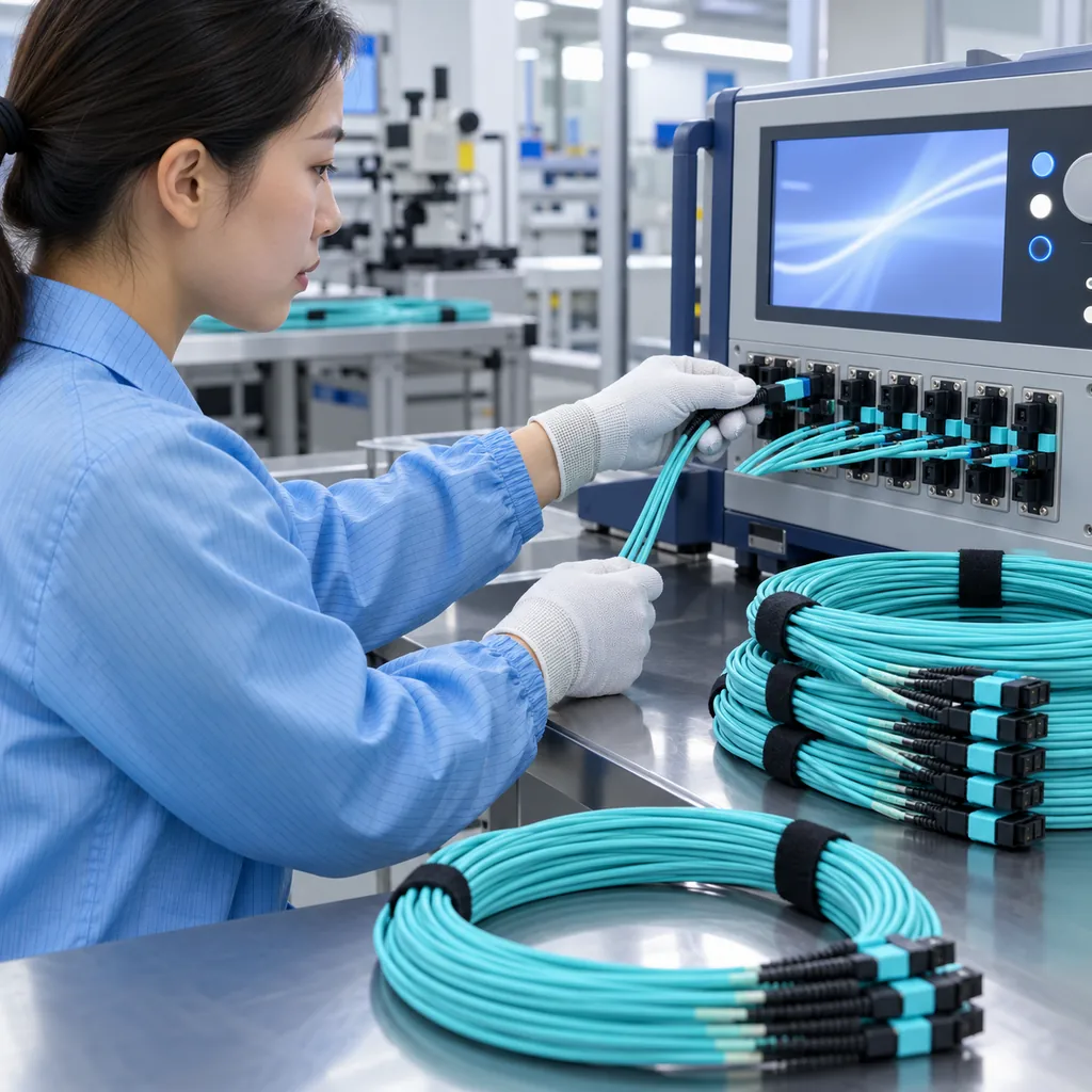 A factory technician testing an MPO pre-terminated fiber trunk on a test bench beside coiled trunk cables