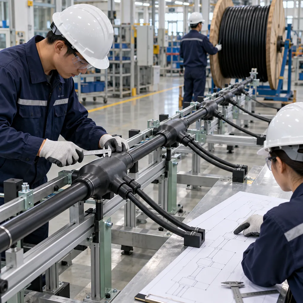A factory floor where a long prefabricated branch cable is laid out on a jig with moulded branch joints spaced along it, technicians checking dimensions against a drawing, cable drum in the background, clean industrial lighting, no readable text, no labels