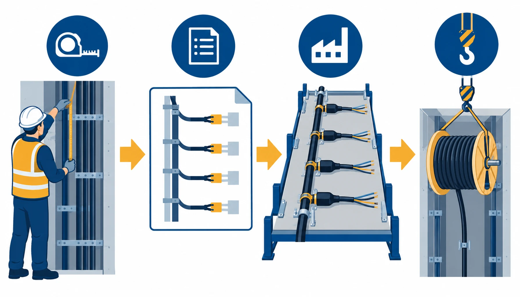 Flat infographic of a prefabricated branch cable order flow: a riser elevation being surveyed, a branch schedule, a factory jig with moulded branches, and a reel being lifted into a shaft
