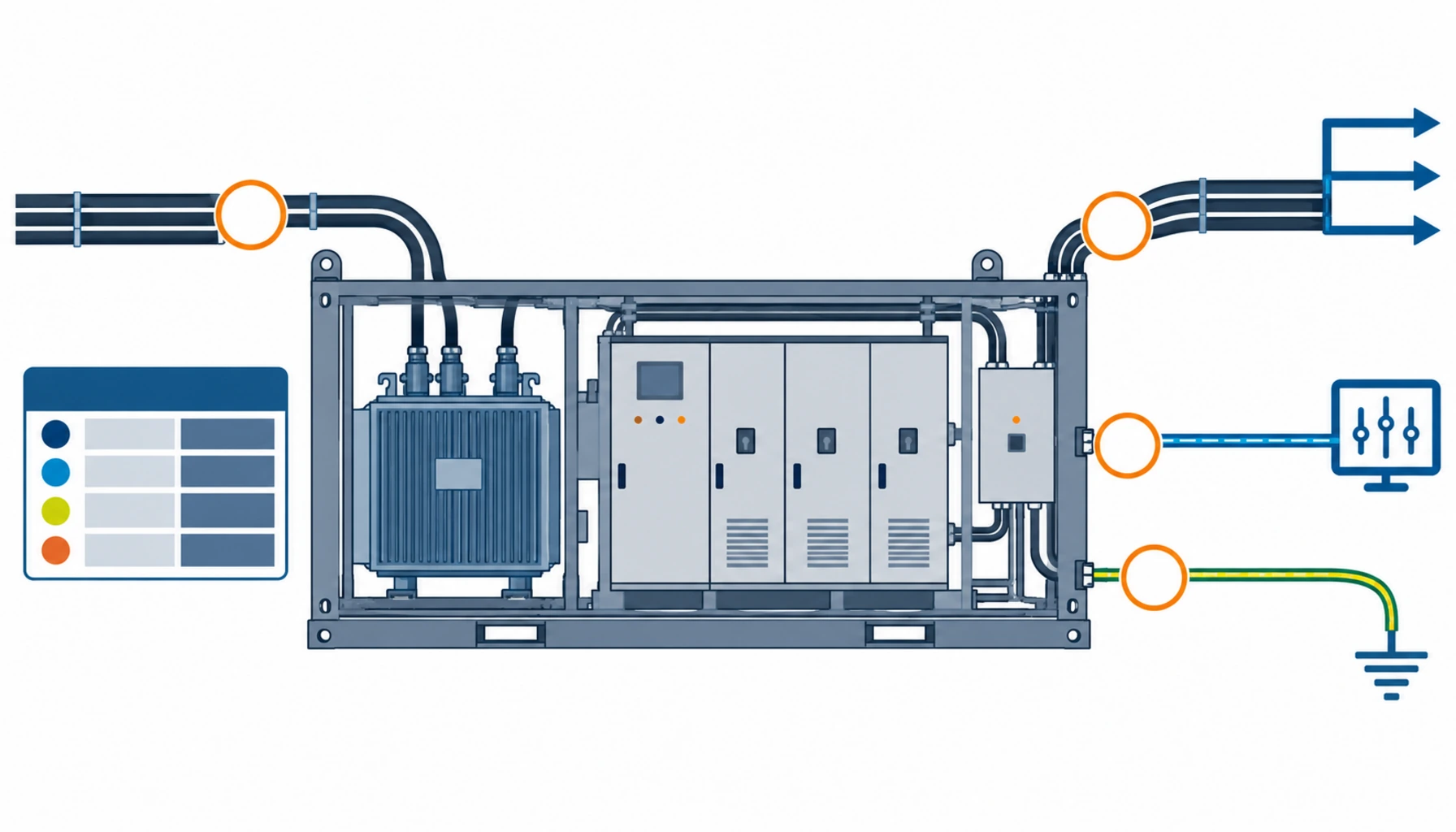 Flat infographic comparing five delivery formats for data center electrical distribution assemblies: site assembled components, skid with factory test, skid with witnessed factory test, modular prefabricated substation, and a hybrid split between site and factory