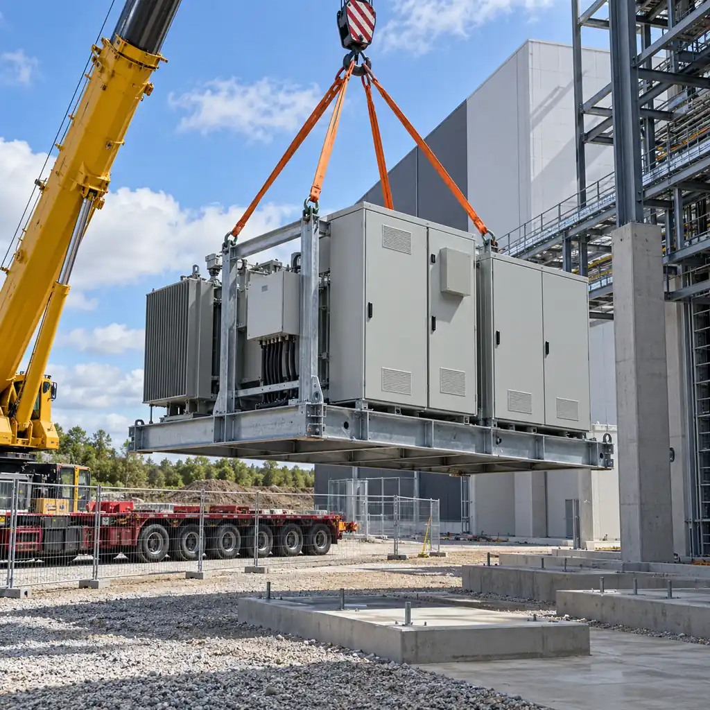 A prefabricated power distribution skid on a steel frame being lifted by a crane into position beside a data center building under construction