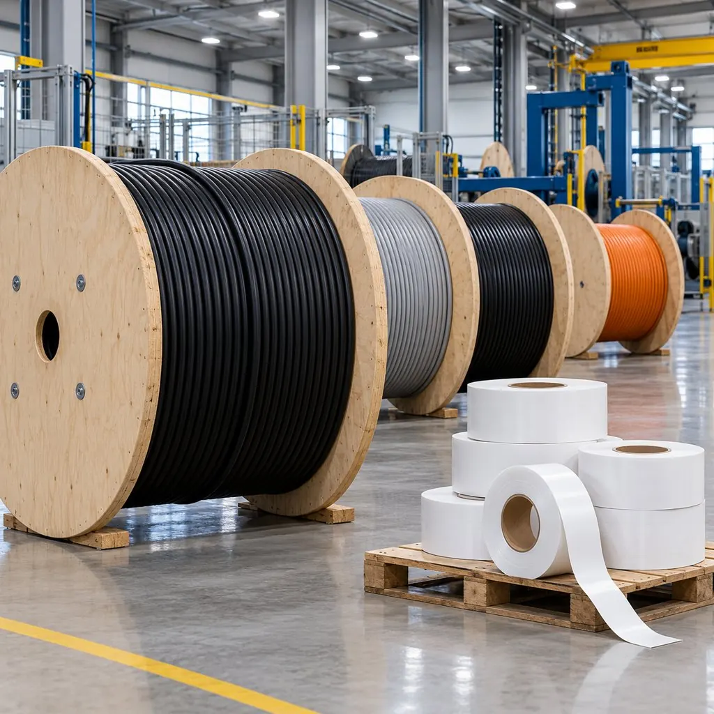 Cable drums on a factory floor with blank printed marking tape and unbranded reels ready for customer labelling