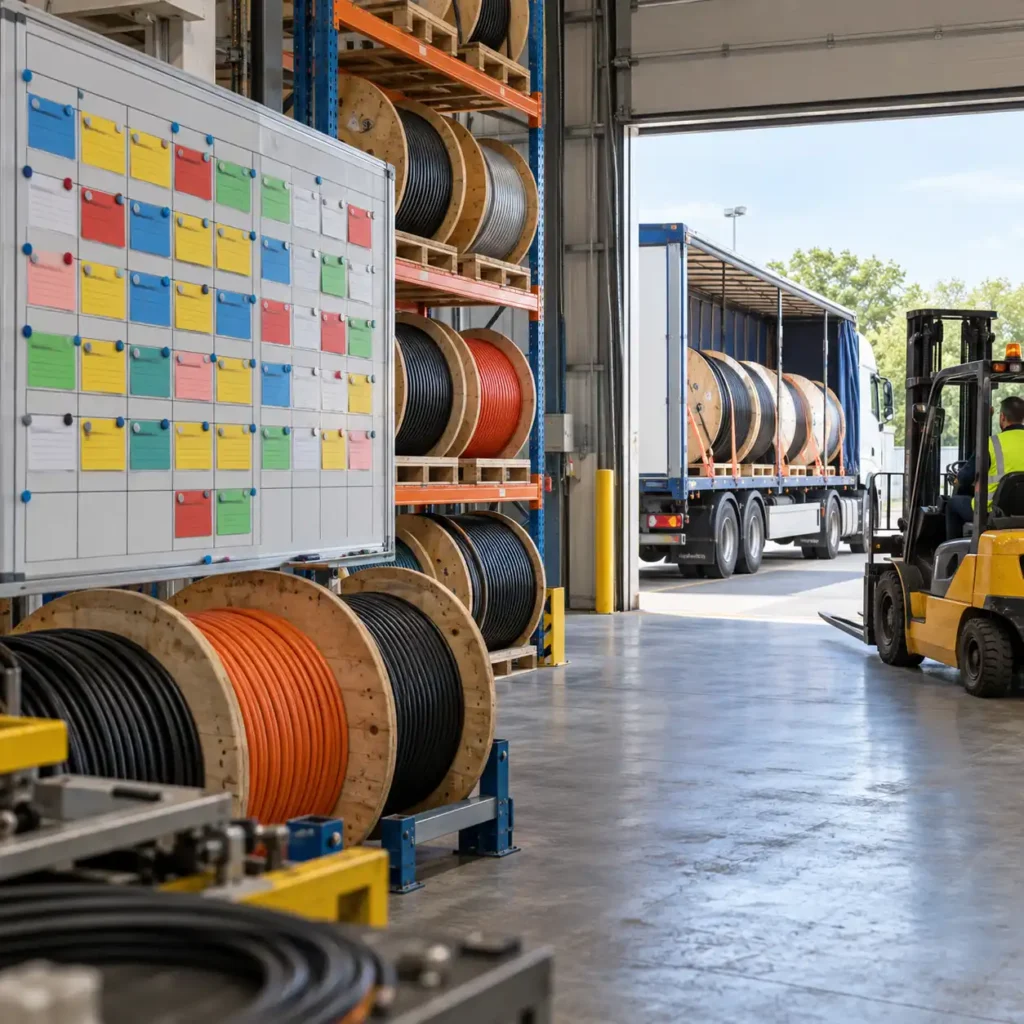 A cable factory production board with coloured order cards beside a warehouse rack holding cable drums, with a loaded flatbed truck at the dispatch door, no readable text, no labels