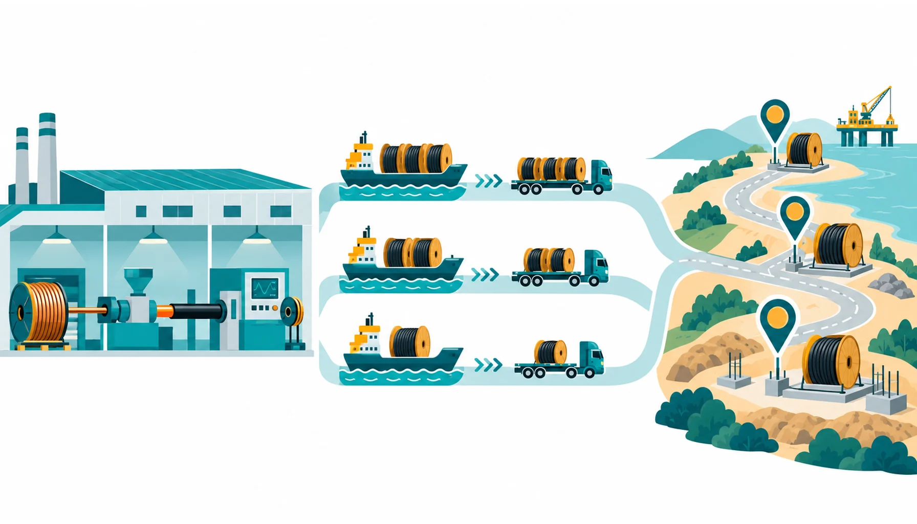 Flat infographic of a cable order schedule, a factory production sequence feeding three phased deliveries to site milestones marked on a timeline