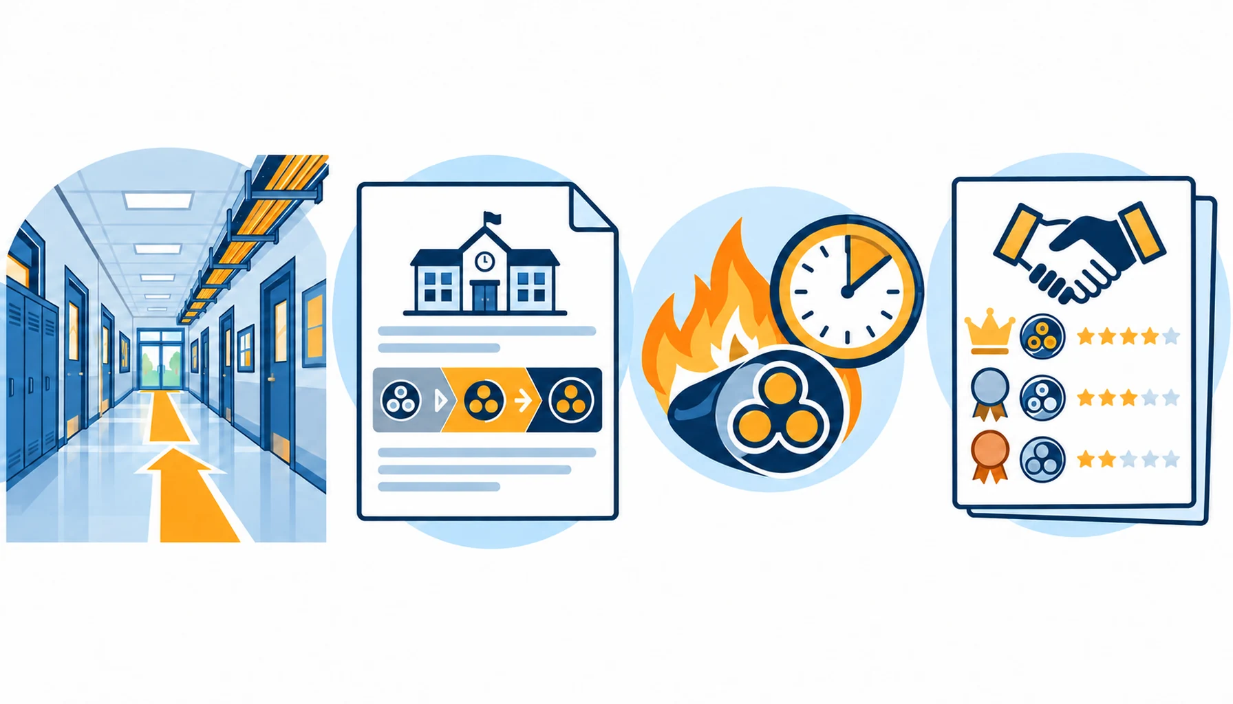 Flat infographic of public building cable compliance: an escape route highlighted through a school corridor, a class declaration document, a survival grade icon and a tender evaluation sheet