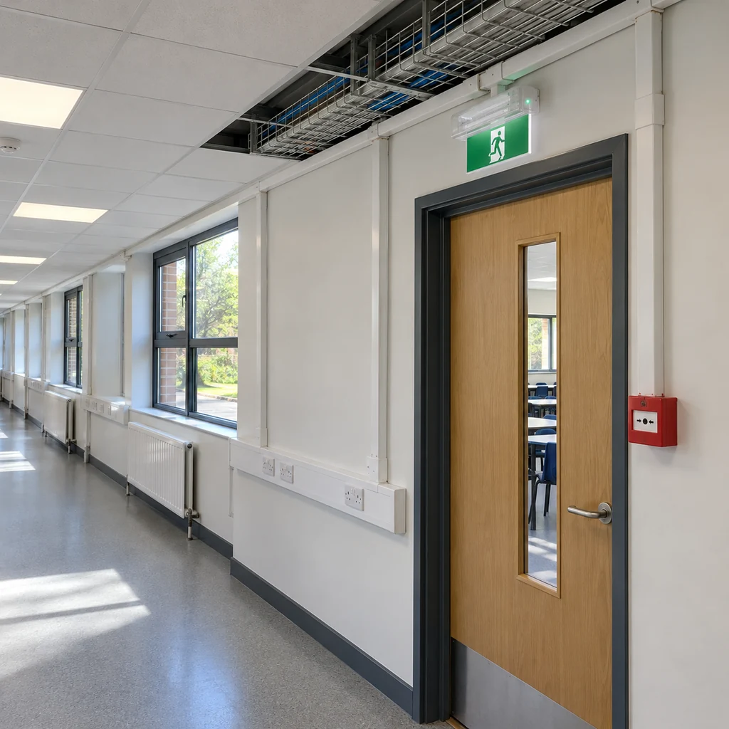 A school corridor with surface trunking and socket outlets along the wall, cable in tray above a suspended ceiling, an emergency luminaire and a fire alarm call point beside a door, daylight from windows, no readable text, no labels