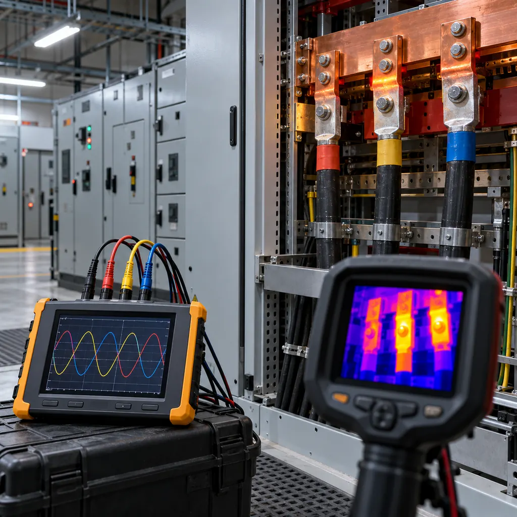 A data center electrical room with switchgear and cable terminations, a power quality analyser connected to a feeder and a thermal camera showing warm cable joints on a loaded busbar