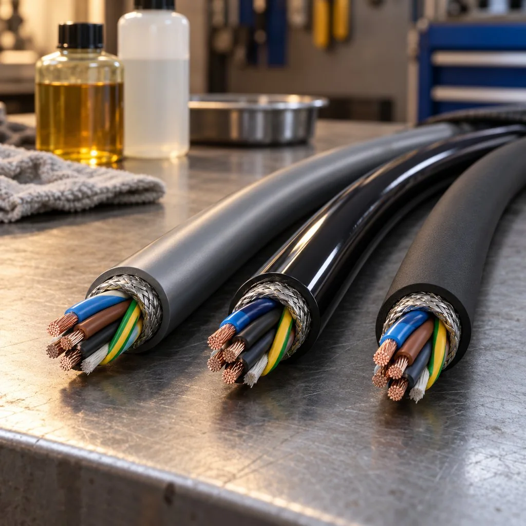 Three motion cable samples with different jacket finishes lying on a workshop bench beside coolant and oil containers
