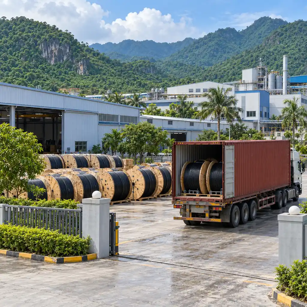 Cable drums at an industrial yard in Vietnam with a container truck waiting at the gate