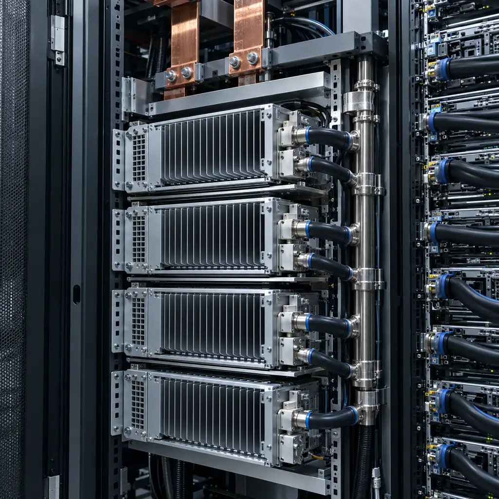 A rack mounted DC-DC power shelf installed in a high density AI server rack with busbar feeding it from an 800V DC busway