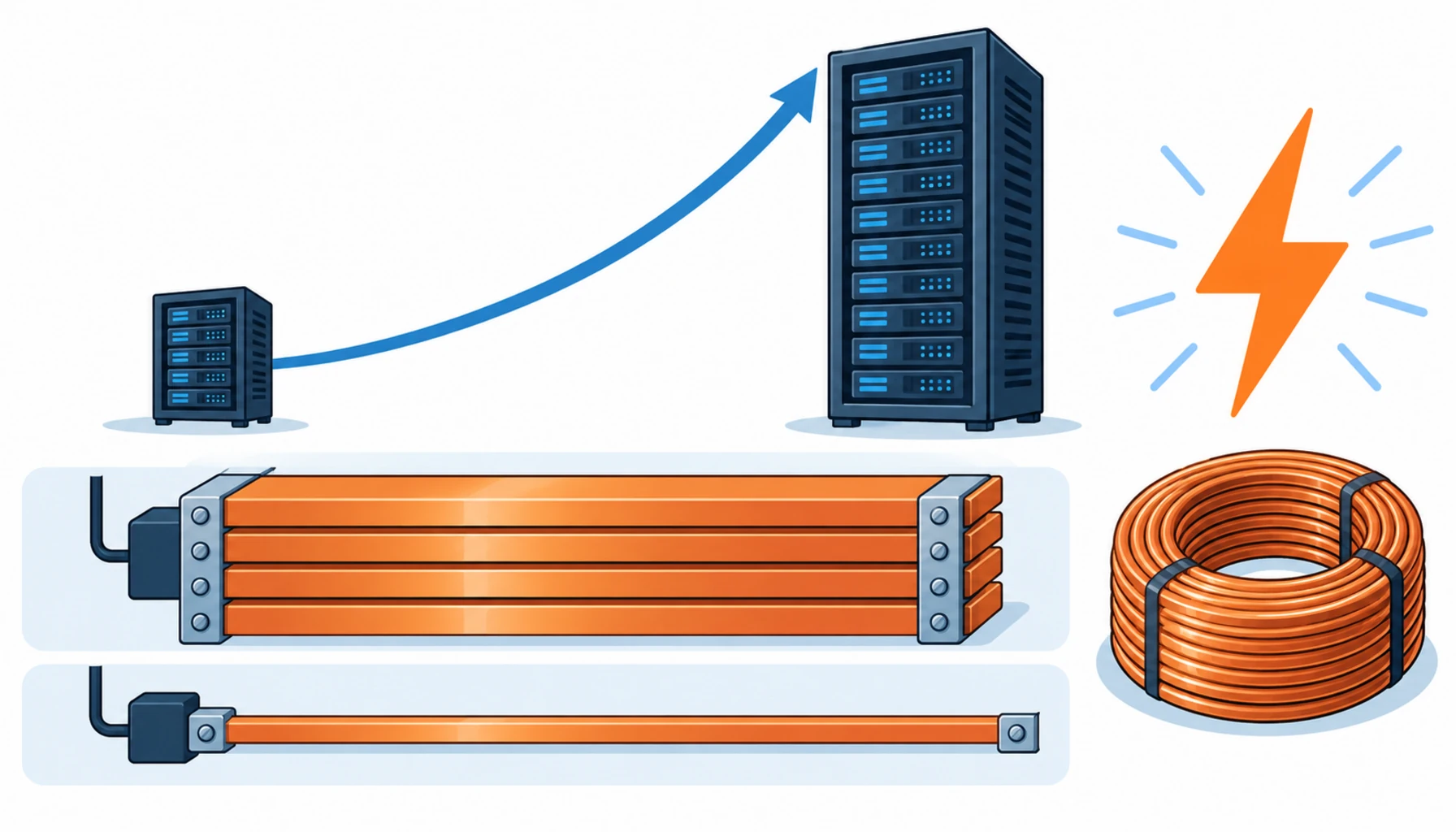 Flat infographic showing rack power rising to 1 MW and the busbar thickness comparison between 54V and 800V distribution