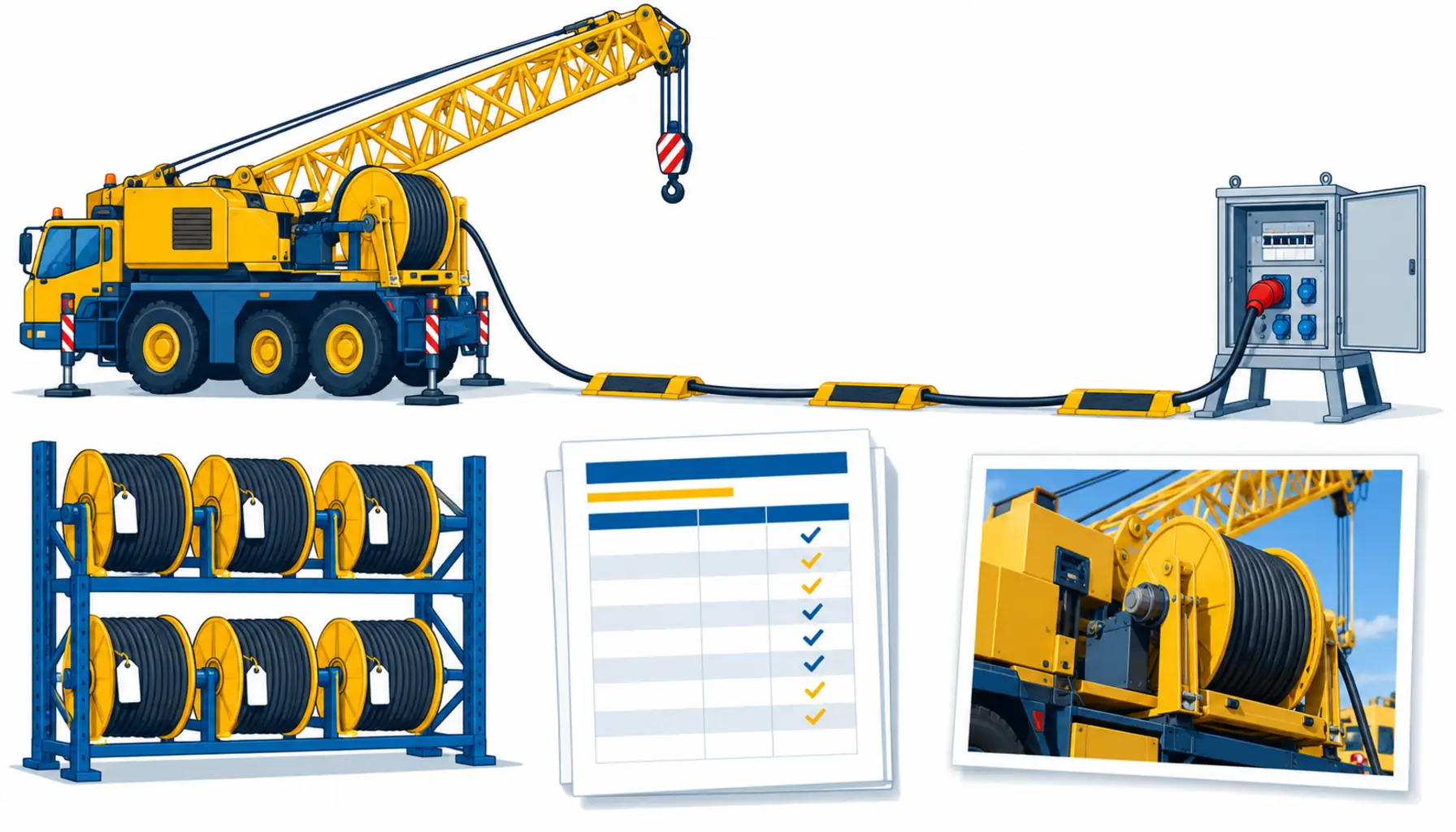 Flat infographic of rental equipment cable responsibilities: a hired crane with its reel cable owned by the rental house, a site-owned extension to the board, a fleet spare pool on a rack, and the hire agreement pages naming owners and failure protocol