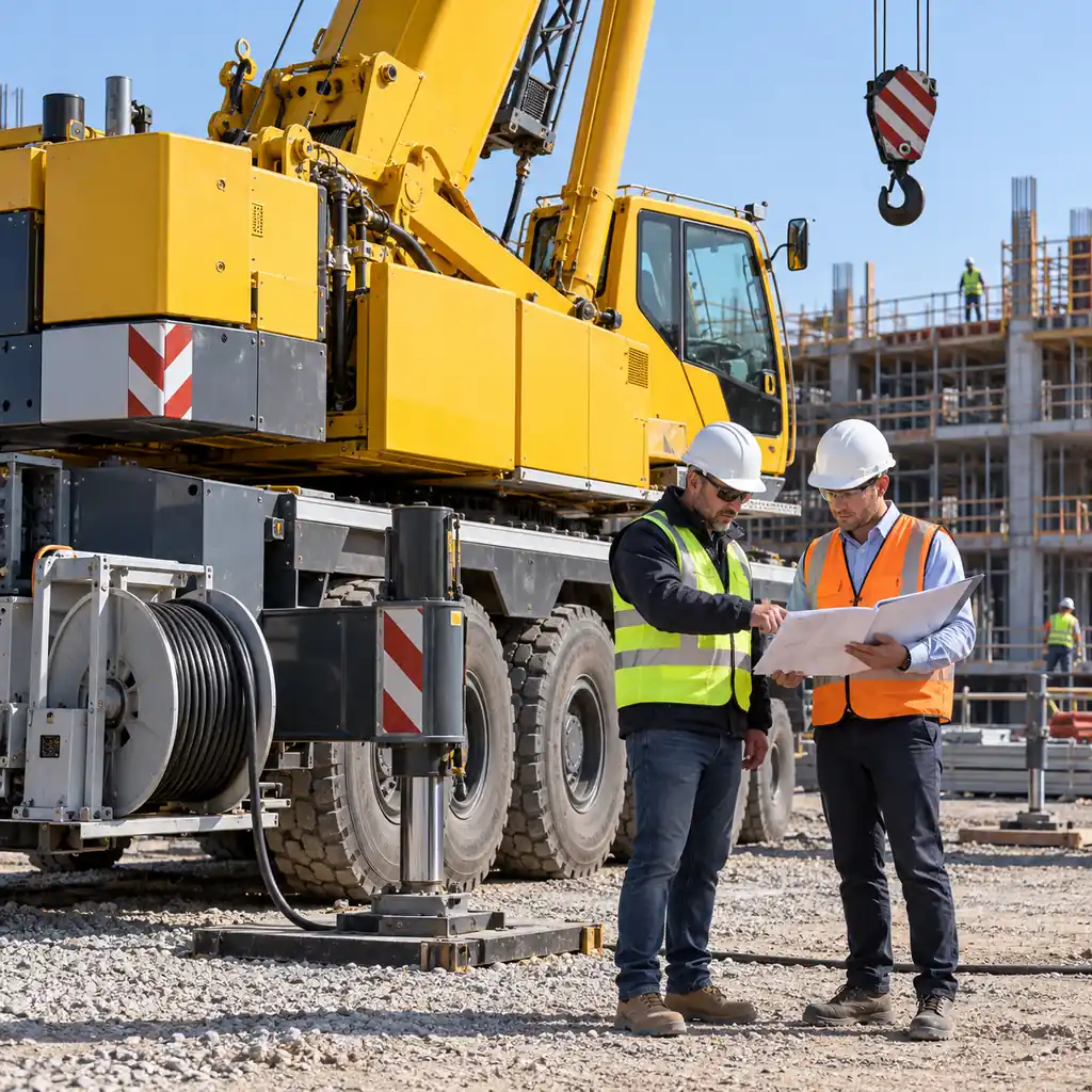 A rented mobile crane on a construction site with its power cable reeled on a drum at the base, the equipment hire representative and a site engineer reviewing documents nearby, clear daylight, no readable text, no labels