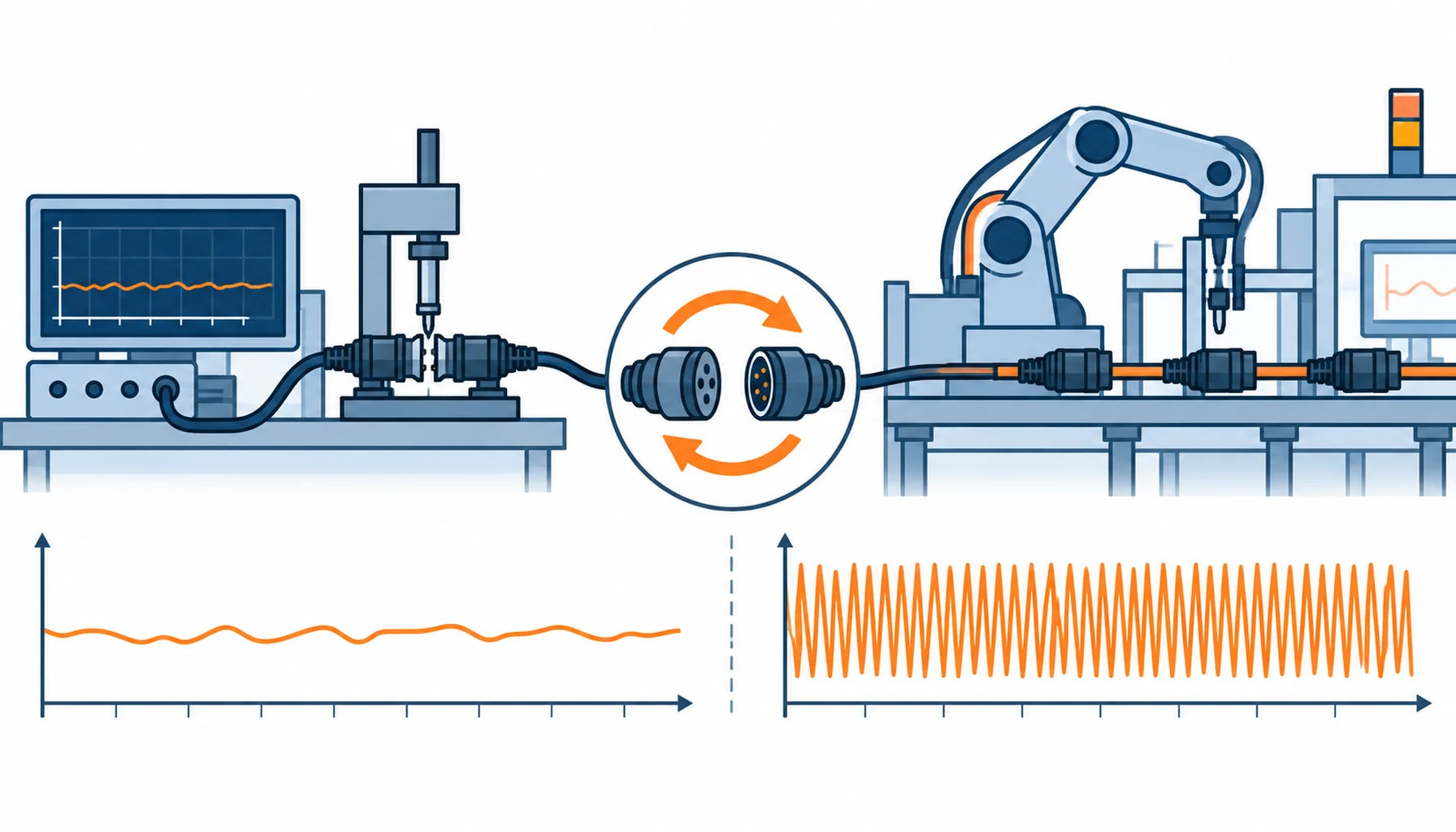 Flat infographic comparing laboratory and production duty on a robot cable: two traces on a shared axis, a low amplitude bench trace against a dense continuous shift trace, with a connector mating cycle counter between them