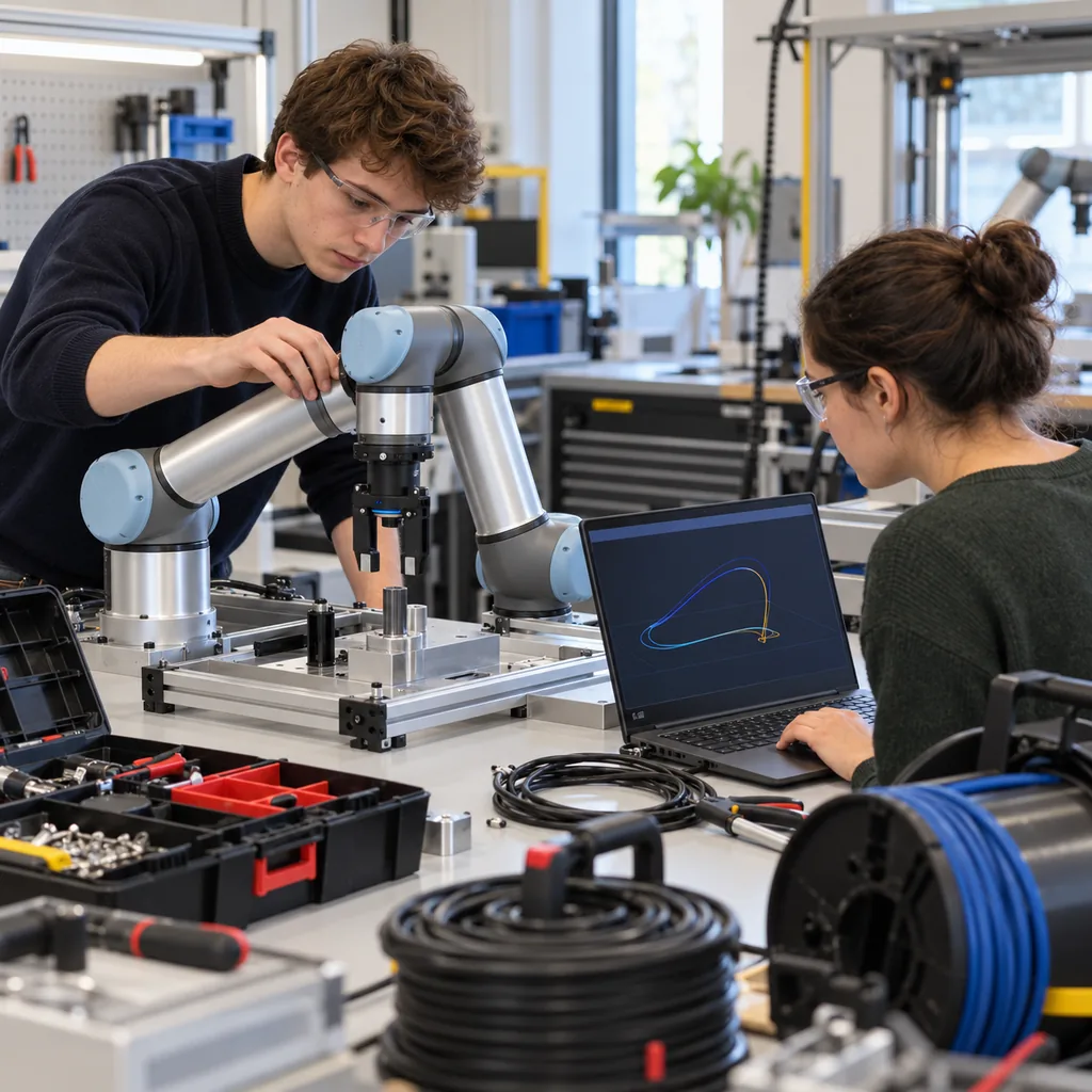 Photorealistic scene: a small collaborative robot arm on a laboratory bench surrounded by open toolboxes, coiled cable drums and a laptop showing a motion trace, two students working at the bench, bright even lighting, no readable text, no labels