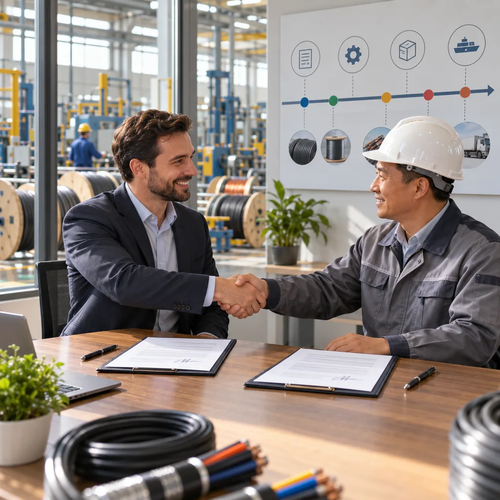 A procurement manager and a factory representative signing an agreement beside a timeline of cable orders
