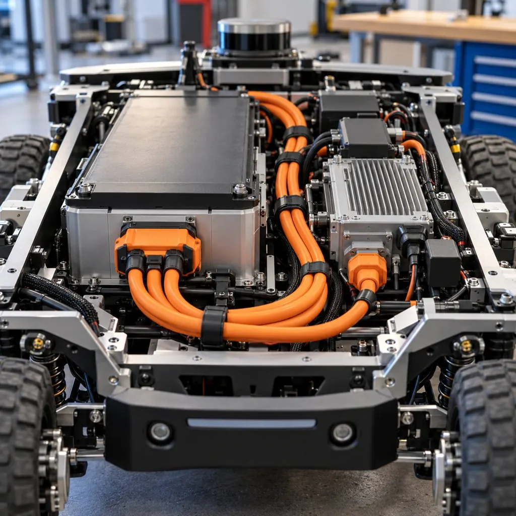 A thick flexible battery cable routed inside a mobile robot chassis beside its battery pack and power electronics