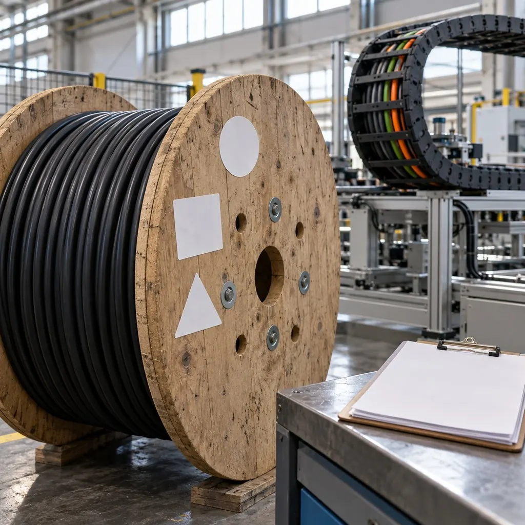 A cable drum with certification labels beside a clipboard of test documents on a factory floor, a drag chain with installed cable in the background