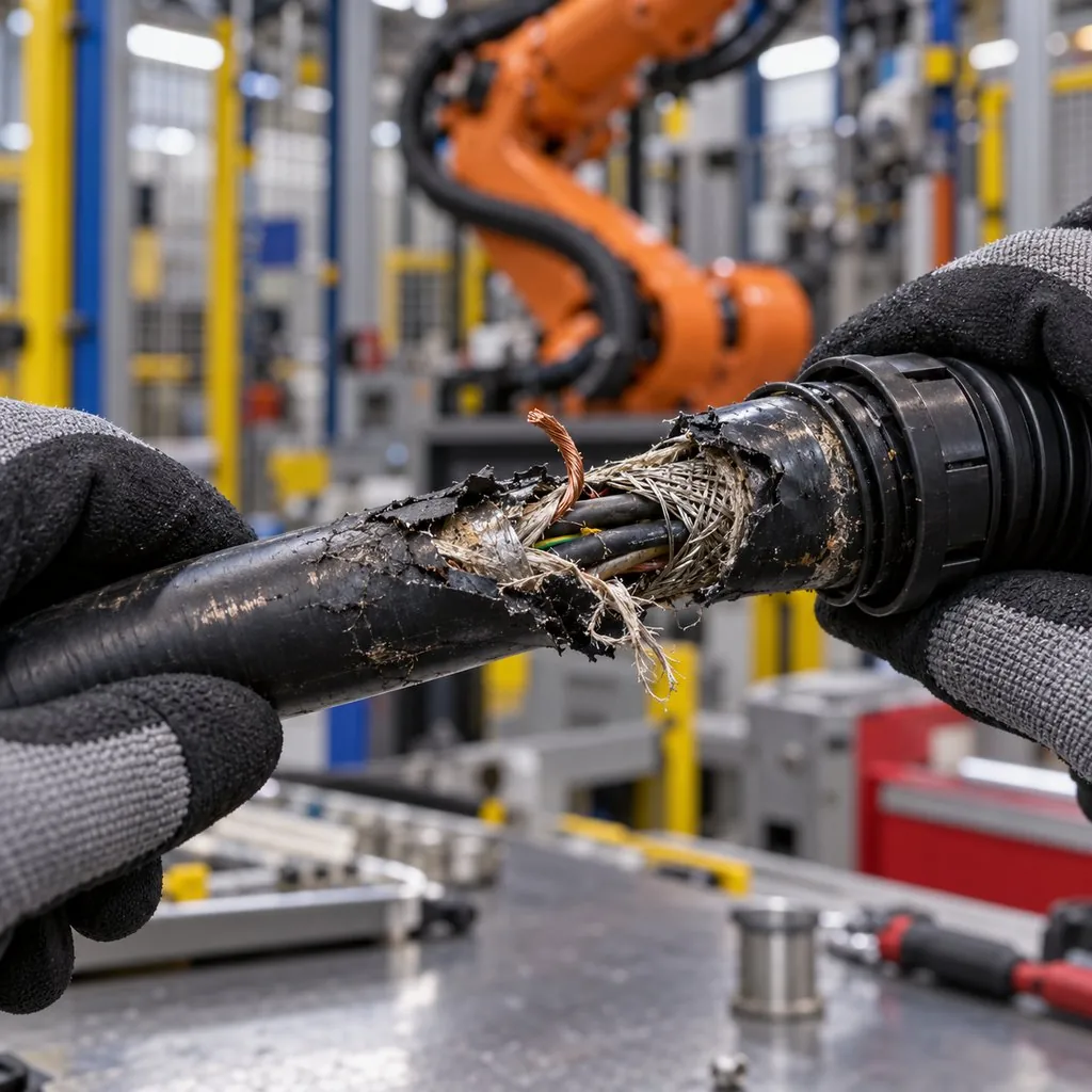 A maintenance technician inspecting a failed robot dress pack cable with visible jacket damage and a broken conductor exposed at the wrist area of a robot arm