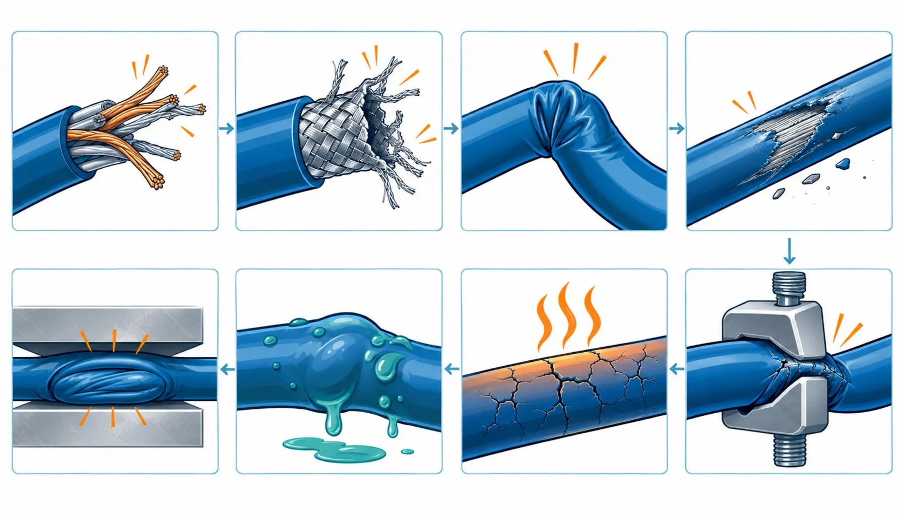 Flat infographic grid of eight failure mode icons including fatigue, shield rupture, kink, abrasion, crush, chemical, heat and installation damage