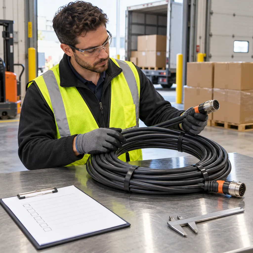Photorealistic scene: a quality inspector at a receiving dock examining a coil of robot cable on an inspection table, checklist sheet and caliper beside the coil, labeled delivery boxes behind, bright industrial lighting, no readable text, no labels