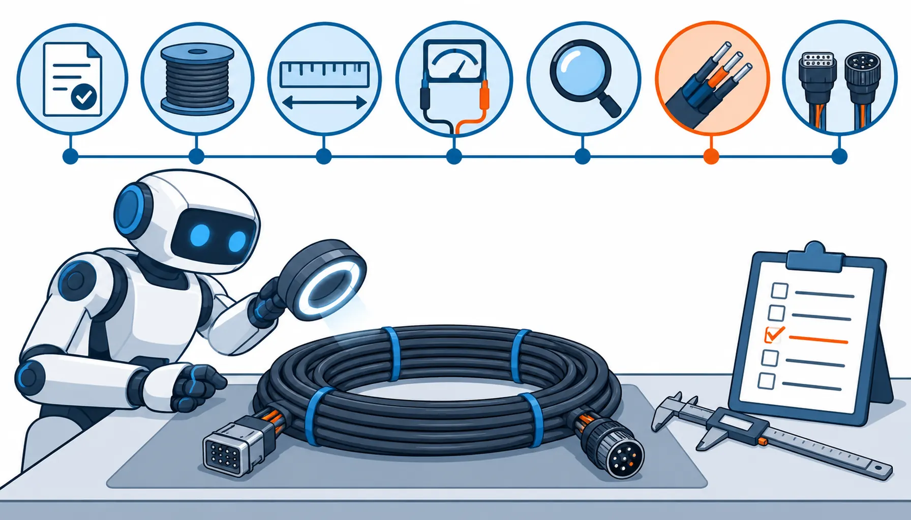 Flat infographic of a receiving dock inspection: a cable coil on a table with seven check nodes around it, a caliper, a camera and a checklist symbol beside