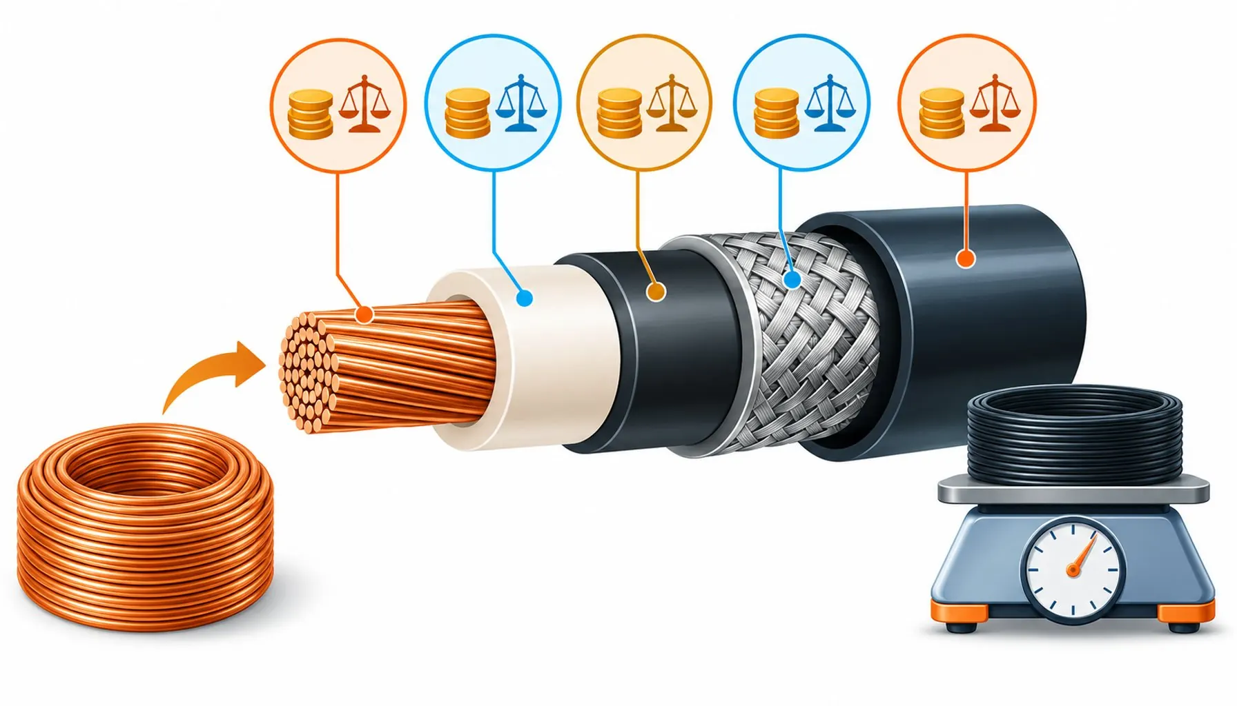 Flat infographic of a cable metre broken into layers from copper conductor to jacket with a price tag icon