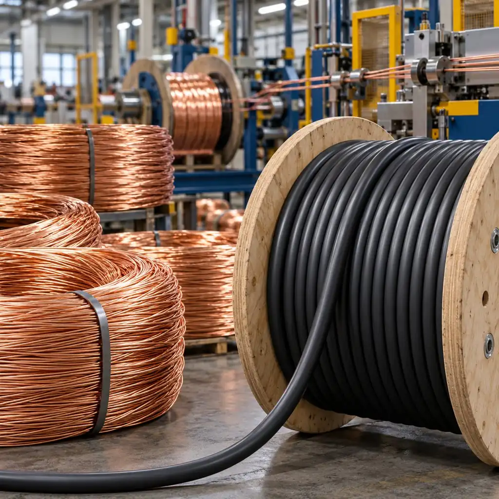 Coils of fine-stranded copper wire beside a finished flexible cable drum in a cable factory, with a spool of PUR jacketed cable in the foreground