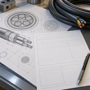 A technical enquiry sheet for a custom cable laid beside cable cross-section drawings and a coil of multi-core flexible cable