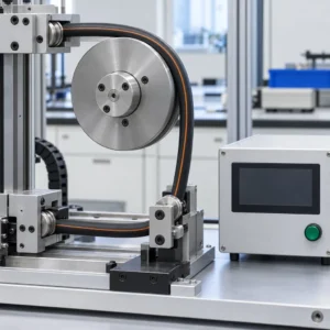 A flexible cable mounted in a bend test rig being cycled around a pulley radius while the operator records the cycle count