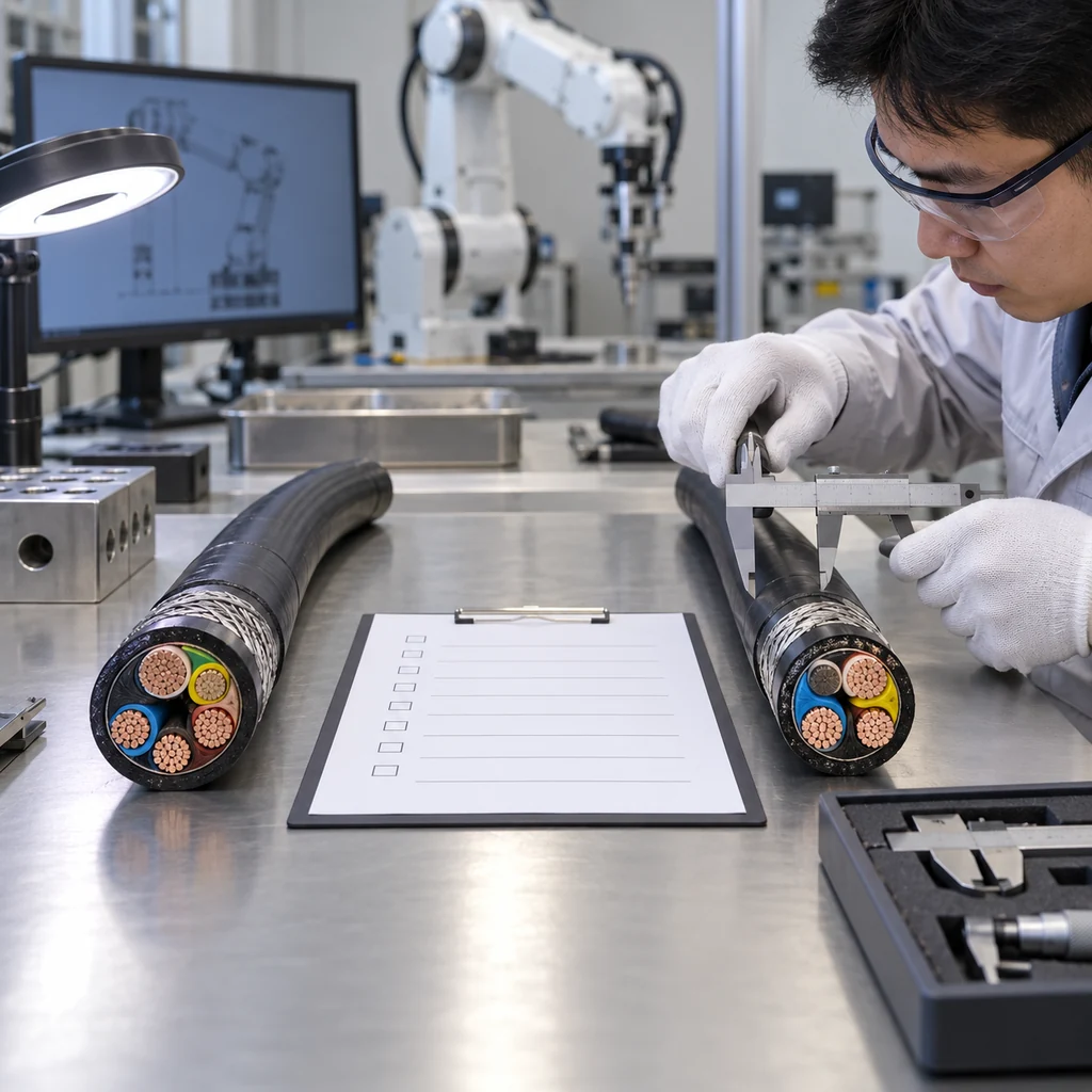Photorealistic scene: two robot cables side by side on an engineering bench, an imported sample and a domestic sample, with a technician measuring jacket diameter and a checklist sheet between them, laboratory lighting, no readable text, no labels