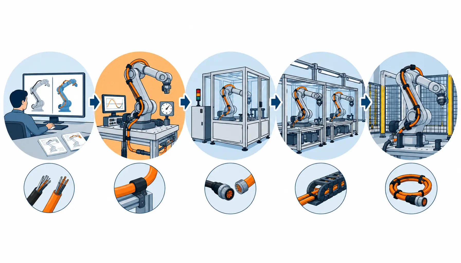 Flat infographic of a five-stage substitution path from two side-by-side cable coils through a bench, a pilot cell and dual shelves to a converted robot cell