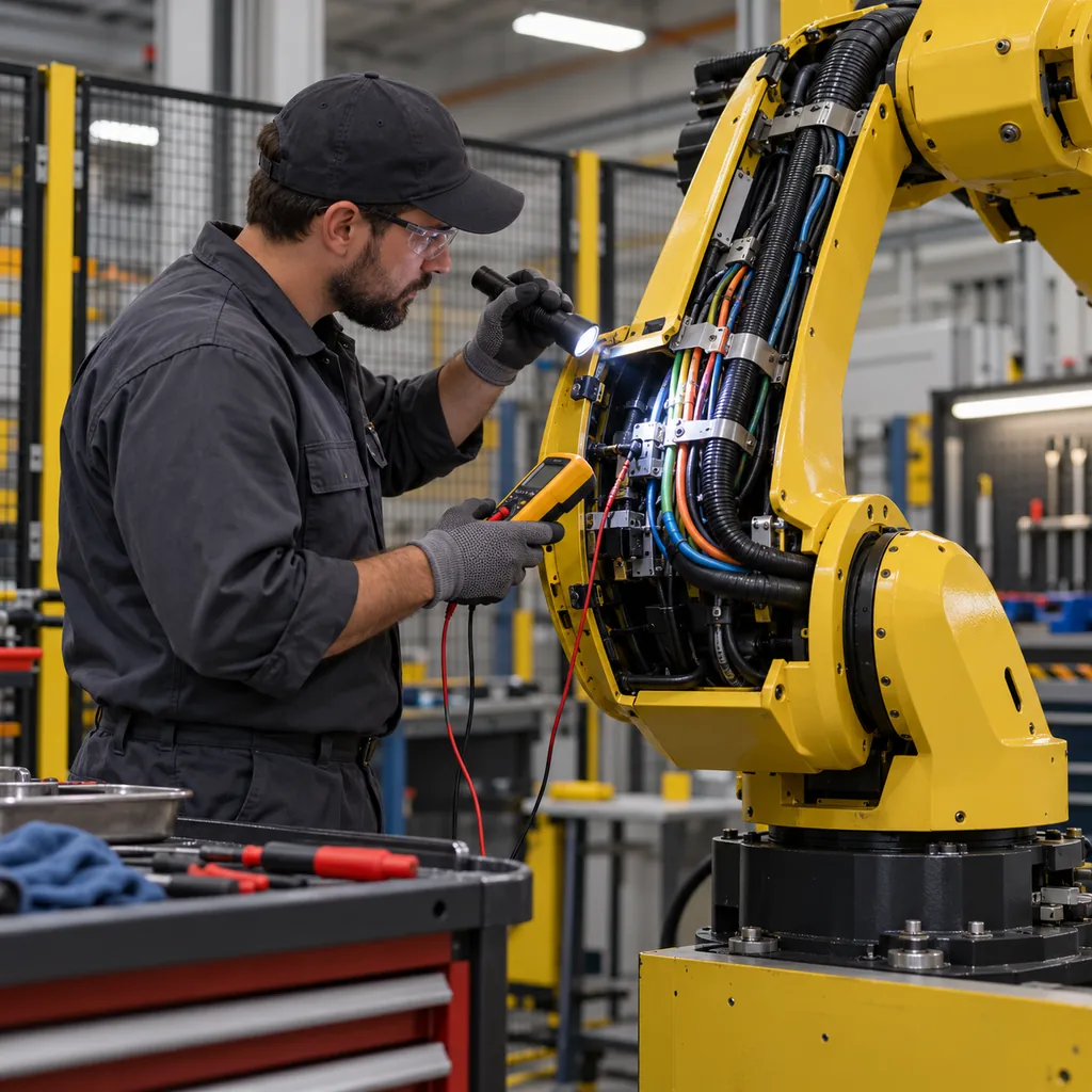 Photorealistic scene: a maintenance technician tracing a robot arm cable run with a multimeter and a flashlight, the arm parked in a service position with its dress pack open, workshop lighting, no readable text, no labels