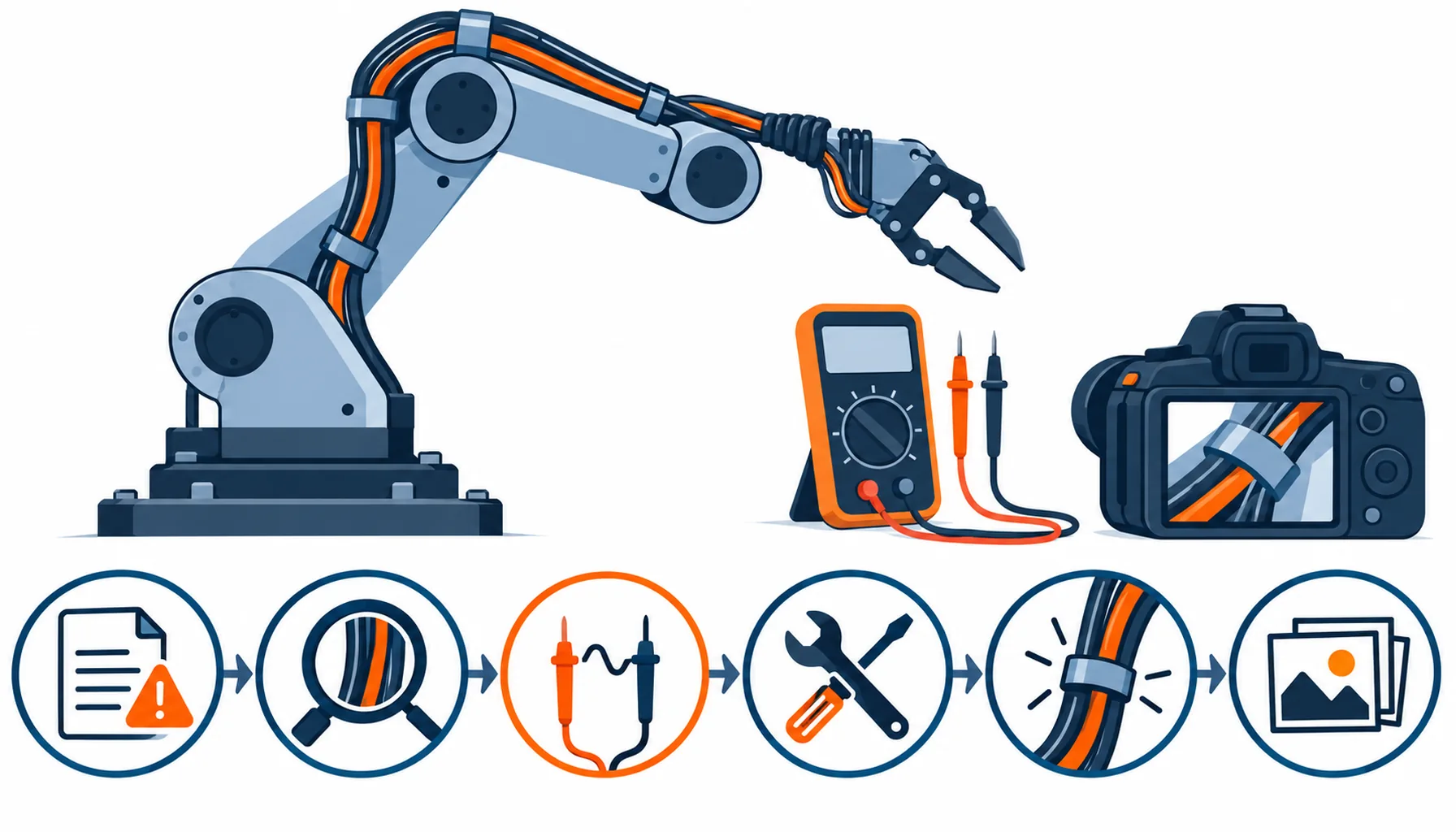 Flat infographic of a robot cable troubleshooting sequence shown as six linked steps along a robot arm silhouette, a multimeter and a camera symbol beside the steps